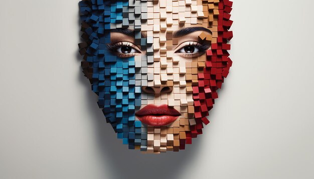 3D-Minimal-Poster-Design ein Mosaik aus kleinen weiblichen Gesichtern, die zusammen ein großes Bild bilden