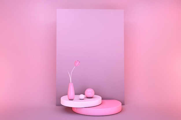 3D minimale Frühlingsblumentulpe. Stilvolle trendige abstrakte rosa Szene. Valentine, 8 von März Karte kopieren Raumvorlage