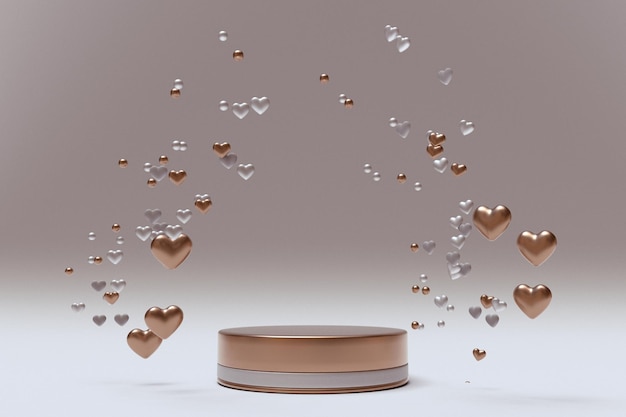 3D-minimaler Valentinstag-Hintergrund mit goldenen romantischen Herzen und rundem leerem Podium