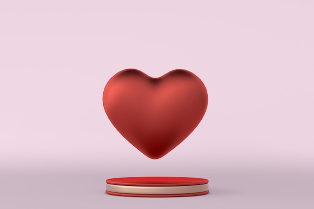 3D minimales rotgoldenes rundes Podium, Sockel mit romantischem St. Valentinstag Herz. Liebe Hintergrundvorlage für Verkaufsförderung. Kreativszene für den 14. Februar