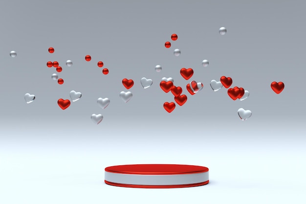 3D-Minimalkomposition Valentinstag rundes Podium, Sockel mit fliegenden roten Herzen. Romantische abstrakte Liebeshintergrundschablone für Verkaufsförderung. Kreative Minimalszene für den 14. Februar