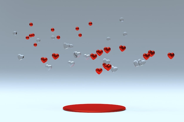 3D-Minimalkomposition Valentinstag rundes Podium, Sockel mit fliegenden roten Herzen. Romantische abstrakte Liebeshintergrundschablone für Verkaufsförderung. Kreative Minimalszene für den 14. Februar