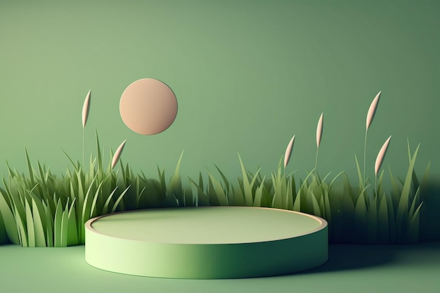 3D-Minimalkreis-Podiumsillustration mit grünem Gras für Produkthintergrund