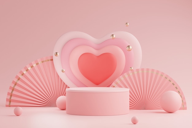 3D mínimo de podio de pantallas con fondo de corazón encantador para el día de San Valentín.