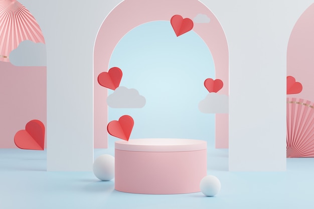 3D mínimo de podio de pantallas con fondo de corazón encantador para el día de San Valentín.