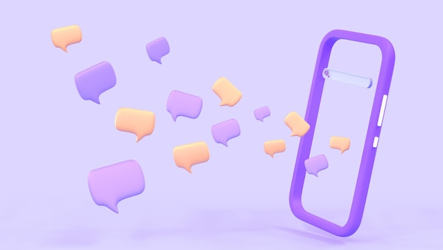 3D-Mobile-Chat-Dialog Smartphone mit Sprechblasen-Symbolen oder SMS-Nachrichten auf violettem Hintergrund Winkelansicht Kommunikation im Messenger-Chatbot-Social-Media-Chat-Konzept 3D-Darstellung