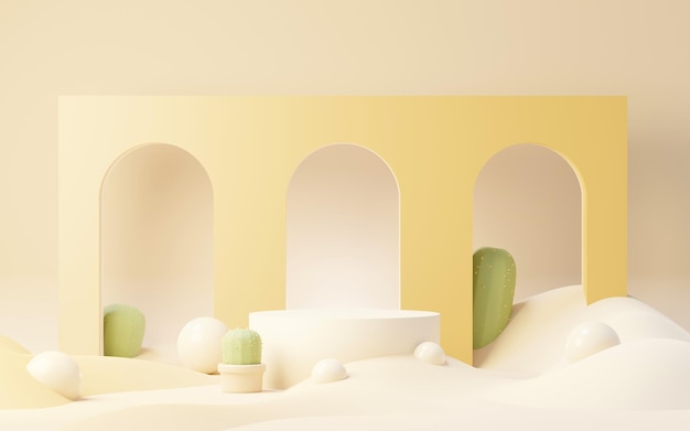 3D-Mock-up Braunes cremefarbenes Podium mit Cactus and Sands Desert Mini-Thema Podestbühne für Produkt- und Kosmetikpräsentation Abstrakte bunte Szene für Werbung Verkaufsförderungshintergrund