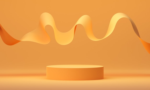 3D mock up pódio com fita laranja em fundo laranja a voar. Plataforma moderna abstrata para apresentação de produtos ou cosméticos. Pano de fundo contemporâneo elegante. Renderize a cena com formas geométricas.
