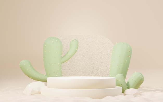 3d Mock up Podio de crema marrón con mini tema del desierto de Cactus y Sands Escenario de pedestal para presentación de productos y cosméticos Escena colorida abstracta para publicidad Fondo de promoción de venta