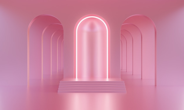 3D-Mock-up-Podium in einem hellrosa leeren Raum mit Bögen und neonrosa Beleuchtung. Abstrakter minimalistischer heller trendiger Hintergrund für die Produktpräsentation. Moderne Plattform im Mid-Century-Stil.