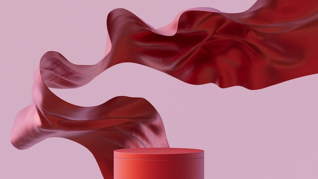 3D-Mockup-Podium Fliegendes Tuch Illustration in trendigen roten Farben Hintergrund für die Produktpräsentation