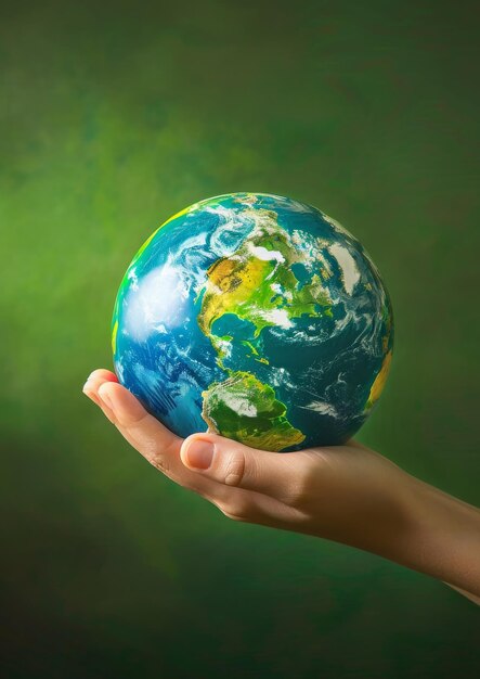 3D-Modell der Erde auf einer Hand auf grünem Hintergrund
