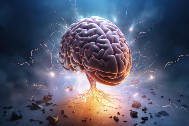 3D-Modell Des Menschlichen Gehirns Und Der Neuronen Mit Blitz