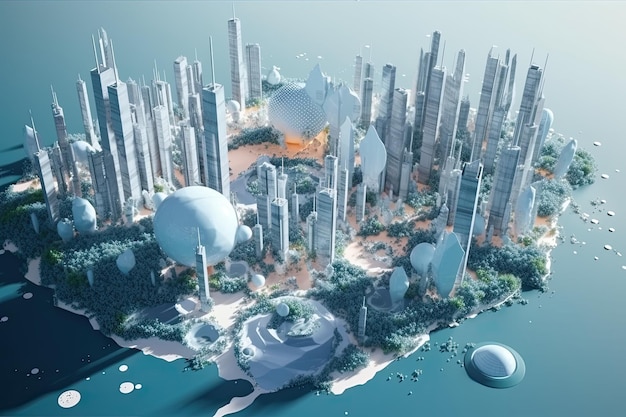 3D-Modell einer Stadt mit Hochhäusern in futuristischer Architektur und einem Planeten auf einen Blick Generative KI