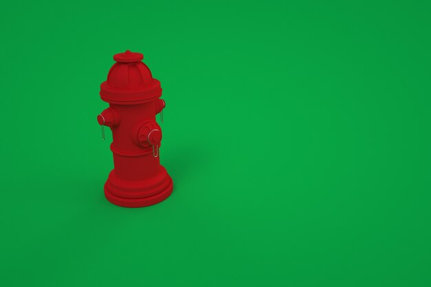 3D-Modell eines Hydranten. Roter Hydrant, Feuerlöscher. Farbhintergrund, Computergrafik. Rotes Feuerinstrument auf lokalisiertem grünem Hintergrund.