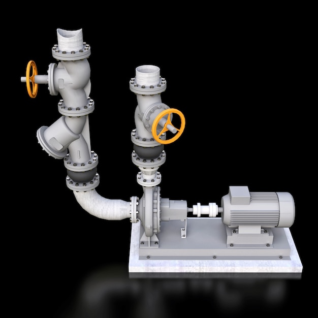 3d-modell eines industriellen pumpen- und rohrabschnitts mit absperrventilen auf einem schwarzen isolierten hintergrund. 3d-illustration.