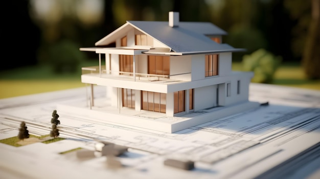 3D-Modell eines kleinen Hauses auf Architekturgrundriss, erstellt mit generativer KI