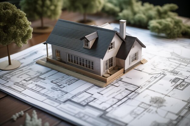 3D-Modell eines kleinen Hauses auf Architekturgrundriss Generative KI