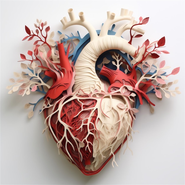 3D-Modell eines menschlichen Herzens mit einer roten Vene