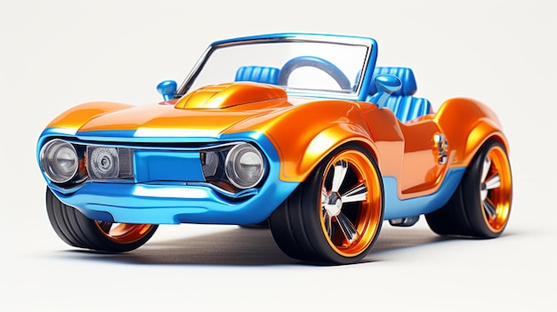 3D-Modell eines mit Süßigkeiten beschichteten orangefarbenen Autos mit blauen Rädern