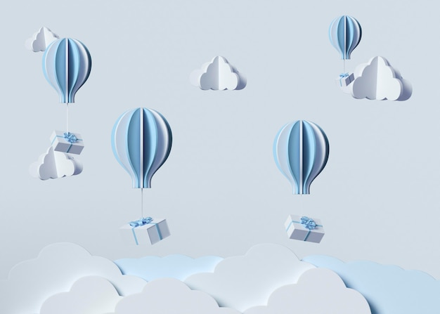 3D-Modell mit Wolken und Heißluftballons