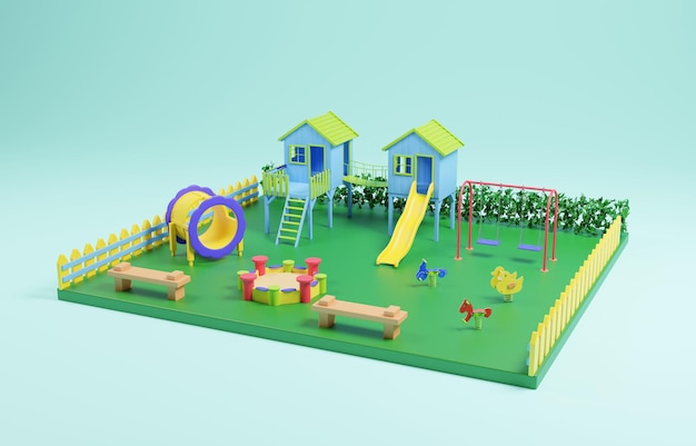 3D-Modell-Rendering des Kinderspielplatzes im Freien im Spielbereich