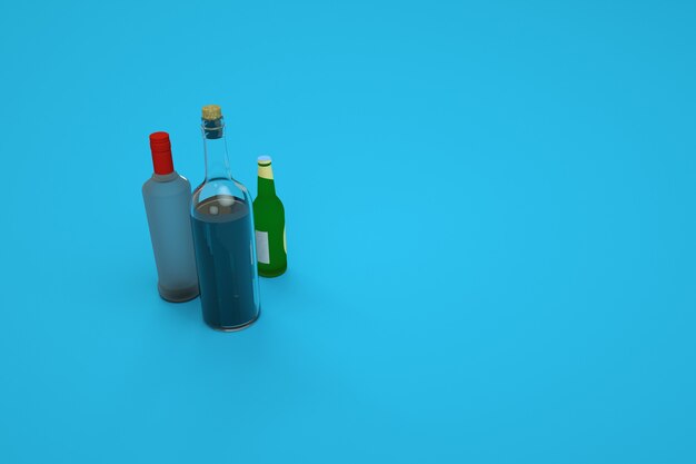 3d-modell von glasflaschen. glasflaschen von der bar. getränke, tinkturen oder öle. isometrische modelle, computergrafik. blauer hintergrund