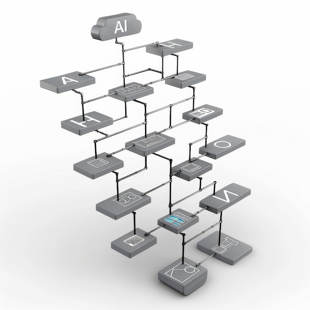 3D-Modell von KI-Text mit einem Strategie-Flowchart auf weißem Hintergrund