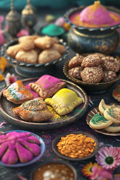 Foto 3d-modelle von traditionellen holi-süßigkeiten wie gujiya und anderen regionalen köstlichkeiten