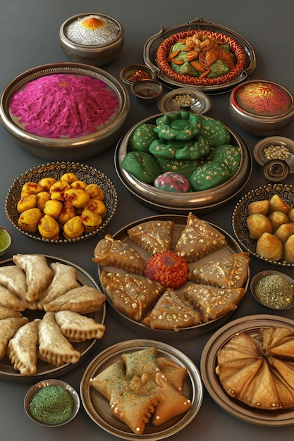 Foto 3d-modelle von traditionellen holi-süßigkeiten wie gujiya und anderen regionalen köstlichkeiten