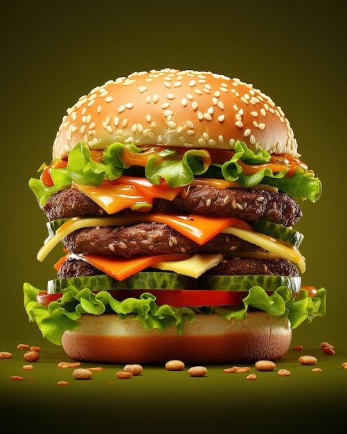 3D-Modellierung eines hyperrealistischen Hamburgers auf grünem Hintergrund
