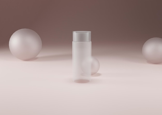 3D-Modellierung transparenter Flasche auf hellrosa Hintergrund. Konzeptflasche für Sahne, Shampoo
