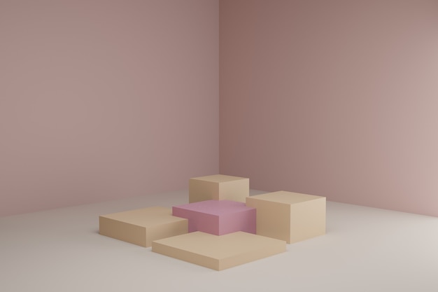 3D-Modellierungsszene mit quadratischen Podien in ruhigen Pastellfarben