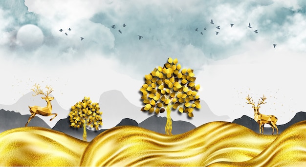 3D moderne Leinwand Kunst Wandtapete Landschaft in hellem Hintergrund mit goldenen Wellen goldener Hirsch
