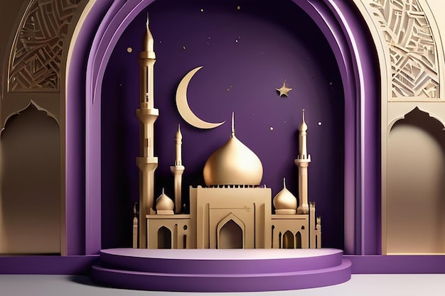 3D-modernes islamisches Feiertagsbanner in lila monotonem Design Anzeigepodium mit Ramadan-Lampe