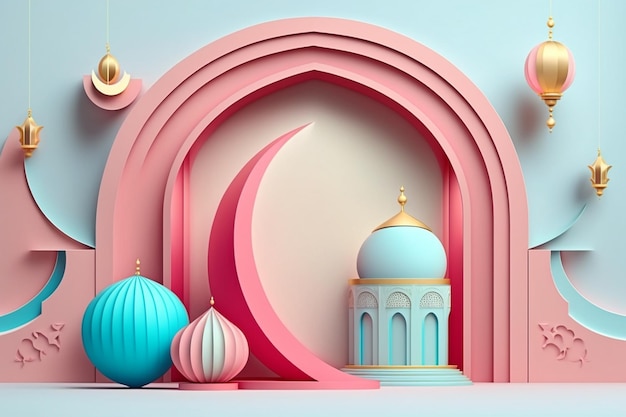 3D modernes islamisches Feiertagsbanner mit einer Eid Mubarak-Nachricht in Himmelblau und Ramadan Kareem