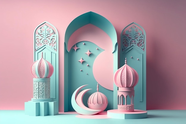 3D modernes islamisches Feiertagsbanner mit einer Eid Mubarak-Nachricht in Himmelblau und Ramadan Kareem