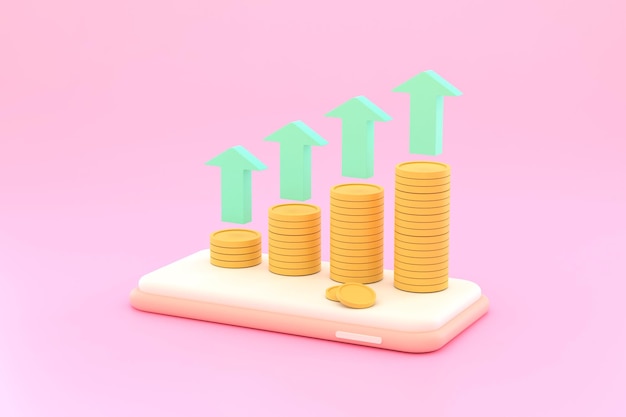 3D. Moedas, gráfico em um conceito de telefone móvel de gestão financeira