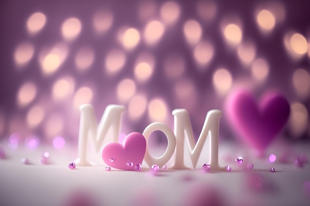 3d MOM letras brancas com fundo de bokeh de corações roxos