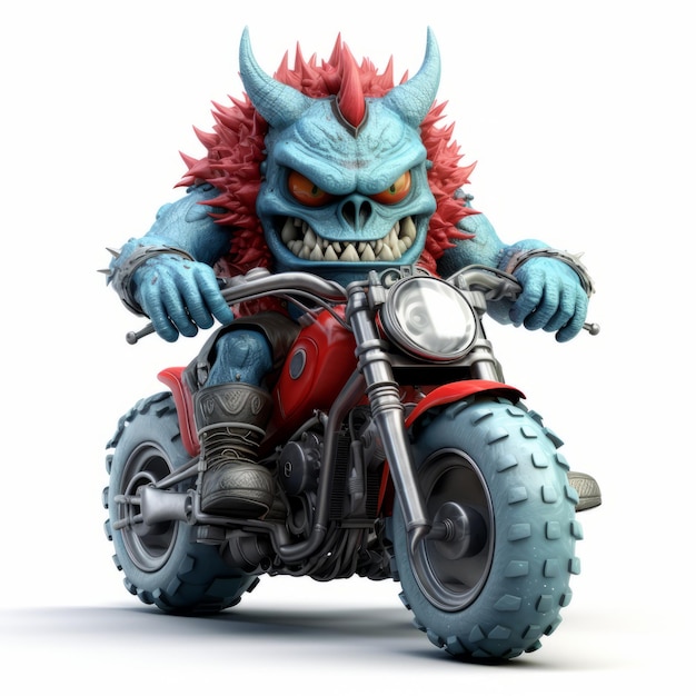 3D-Monster auf Motorrad Detailliertes Rendering auf weißem Hintergrund