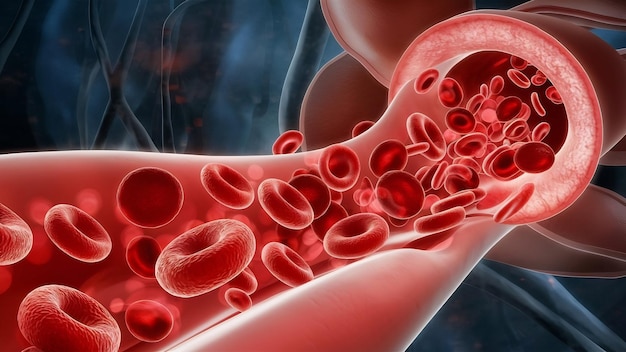 Foto 3d mostrando el flujo de glóbulos rojos en la vena