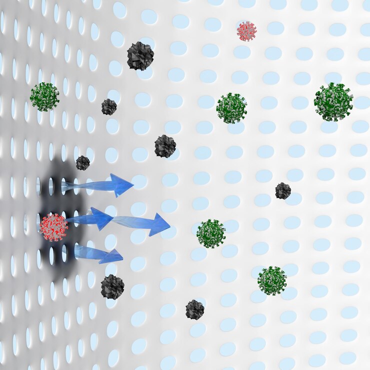 3d muestra la suciedad en la tela para la publicidad de detergente con flecha purificador de aire capa de filtro de alérgenos de virus de polvo para purificadores de aire 3d ilustración de renderizado aislada en fondo azul