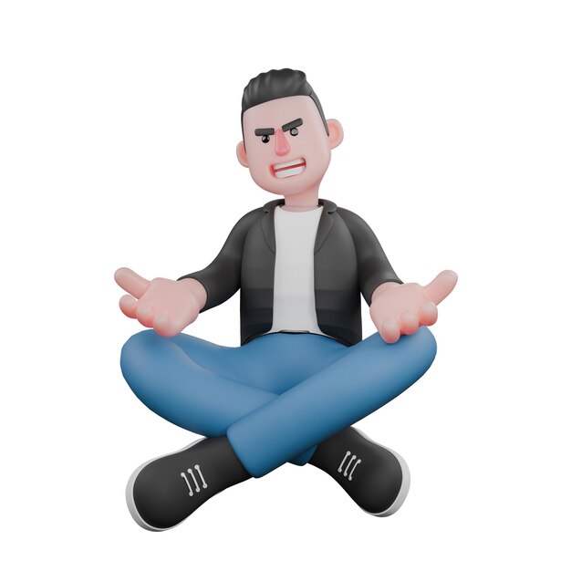 3D-Musiker-Modell Ein männlicher Musiker sitzt mit offenen Armen auf dem Boden und lächelt