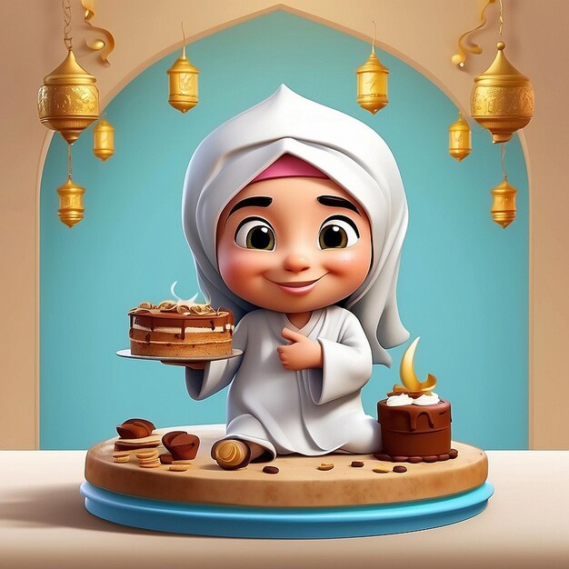 Foto 3d-muslimische figur und kuchen