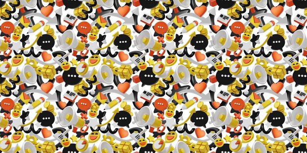Foto 3d-nachlässiges muster mit sprachblase, megafonpfeil und happy-emoji auf weißem hintergrund 3d-design von social-media-illustrationen mit verschiedenen elementen für banner-poster-web