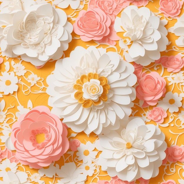 3D-nahtloses Muster im Papierkunststil mit korallenrosa und gelben Rosen
