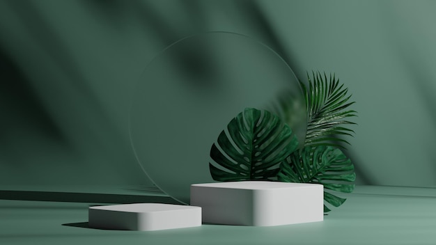 3D natürliches Blatt und grüner Hintergrund mit weißem Podiumsmodell oder Sockel, leere Plattform für die Vitrine