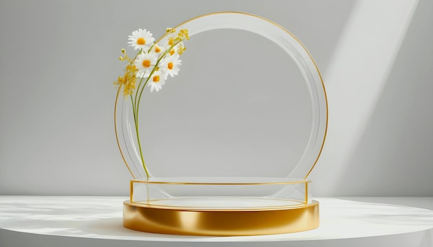3d-Naturblumen-Glasblumenkrug auf Glaspodium-Bühnenmodell gold für die Produktpräsentation
