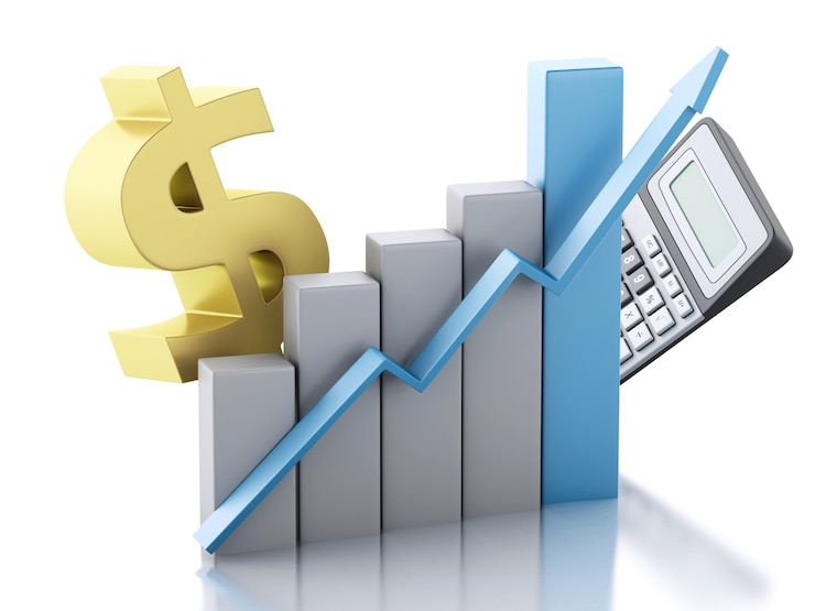 Foto 3d negocio financiero, gráfico de barras y signo de dólar.