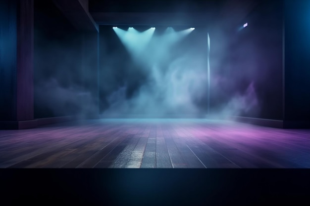 3d neón humo niebla fondo rayos azul abstracto espacio habitación luz IA generativa